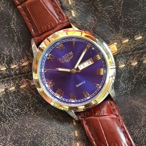 LIGE 1853 Dream Quartz 42mm dress watch leather brown strap NWOT